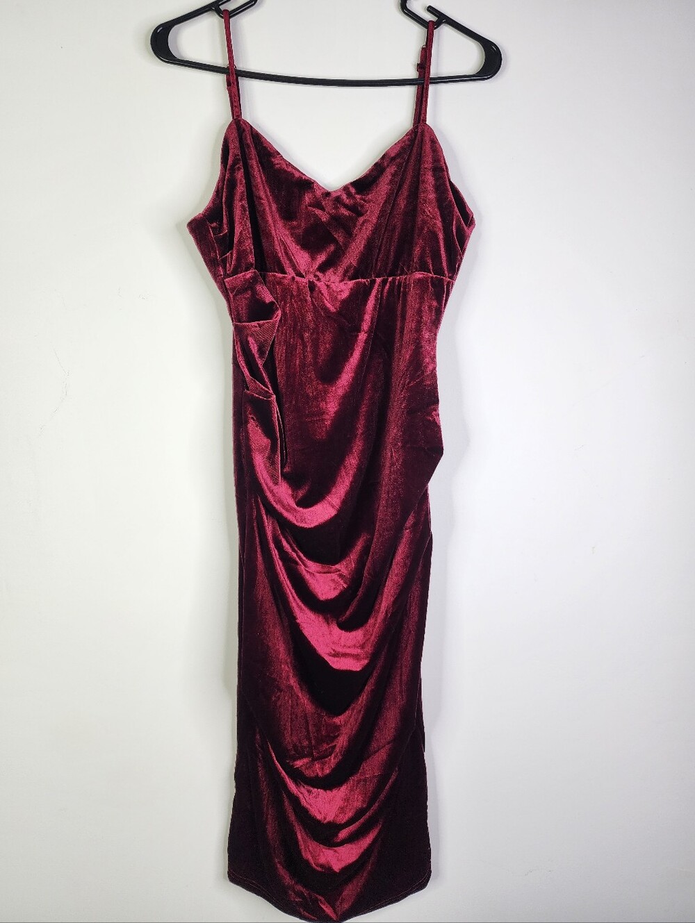 Plush Personality Wine Red Velvet Ruched Bodycon Midi Dress, XL